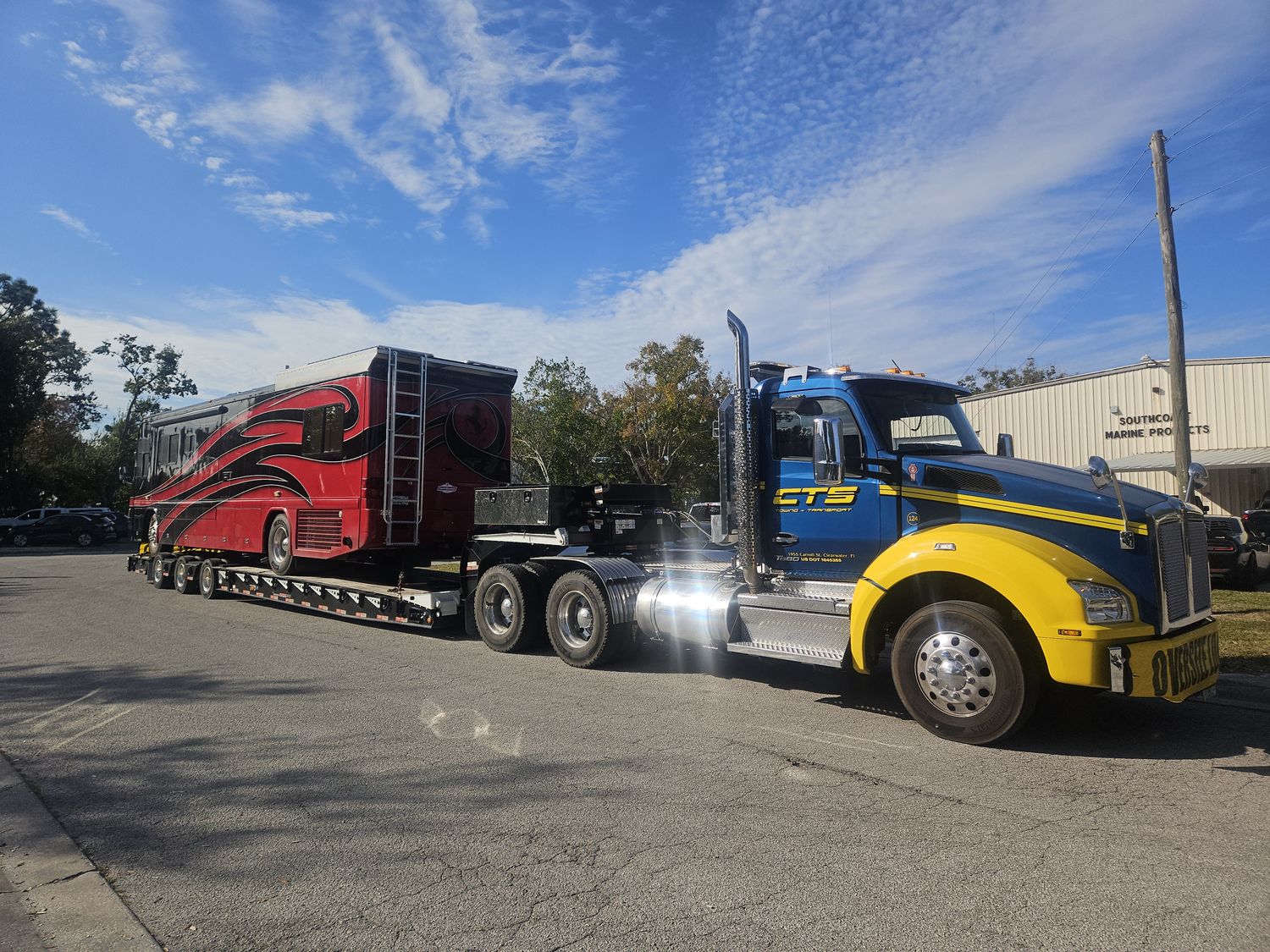 CTS moving an RV on a heavy-haul trailer